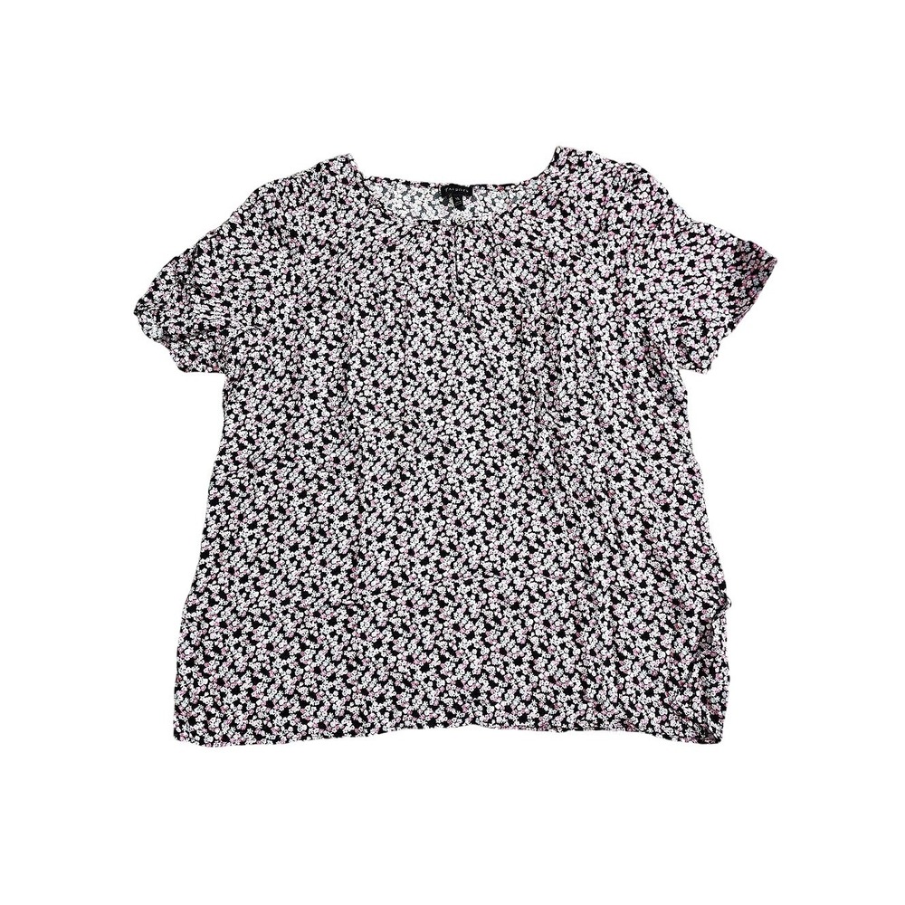Talbots Top XL Floral Short Sleeve Blouse Keyhole Boho Crew Neck Pink Black